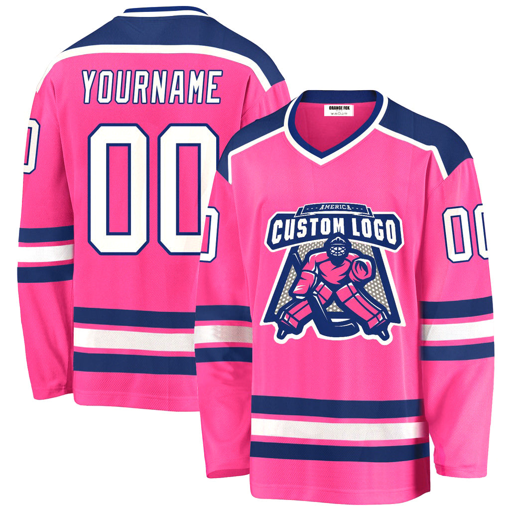 Custom Pink White-Royal V Neck Hockey Jersey For Men & Women