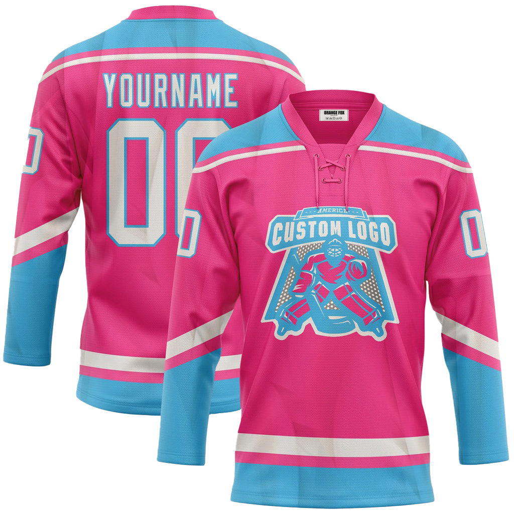 Custom Pink White-Sky Blue Neck Hockey Jersey For Men & Women