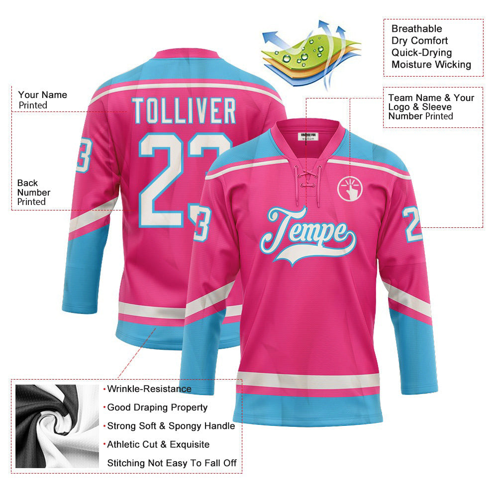 Custom Pink White-Sky Blue Neck Hockey Jersey For Men & Women