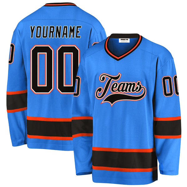 Custom Powder Blue Black-Orange V Neck Hockey Jersey For Men & Women