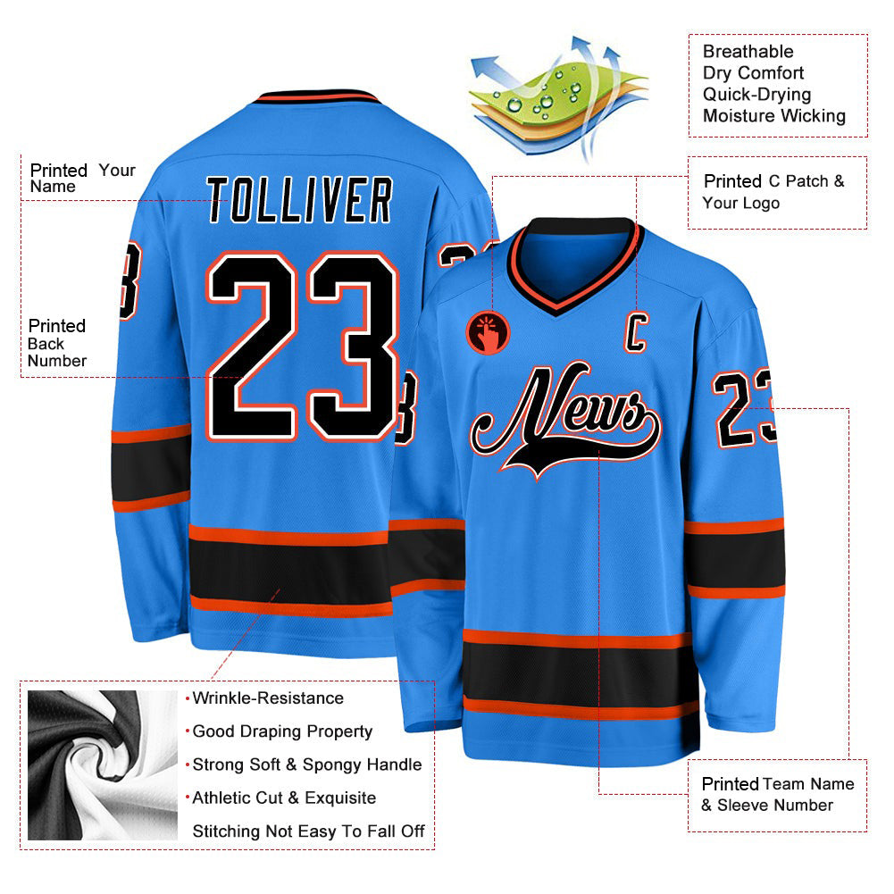 Custom Powder Blue Black-Orange V Neck Hockey Jersey For Men & Women