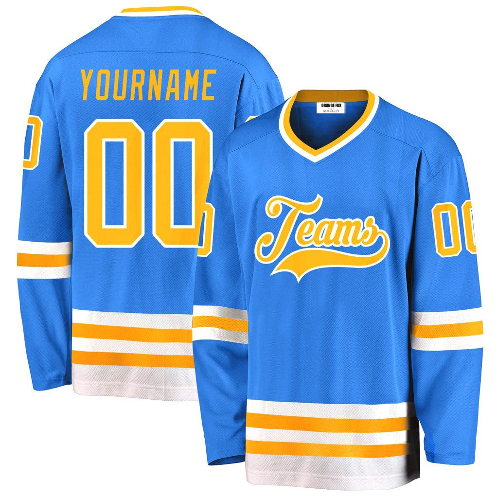 Custom Powder Blue Gold-White V Neck Hockey Jersey For Men & Women