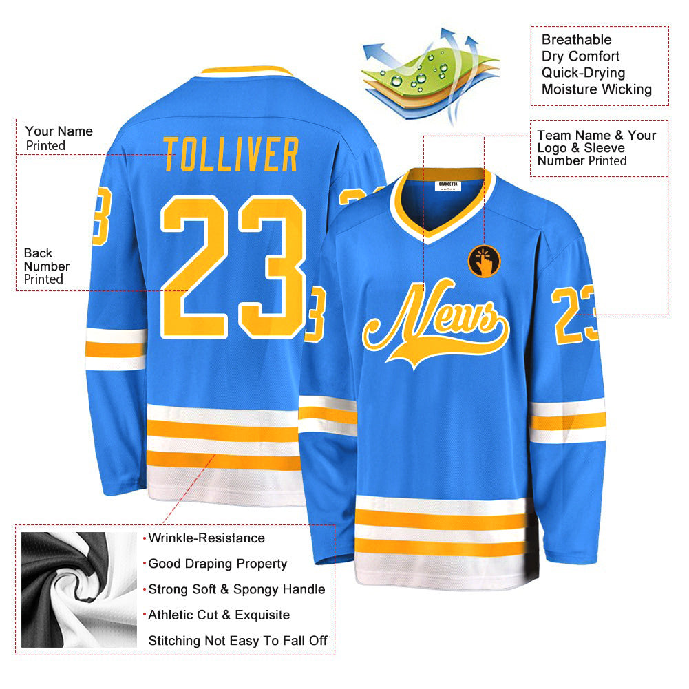 Custom Powder Blue Gold-White V Neck Hockey Jersey For Men & Women