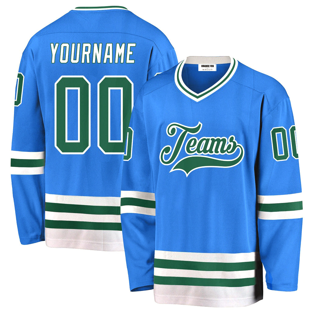 Custom Powder Blue Kelly Green-White V Neck Hockey Jersey For Men & Women