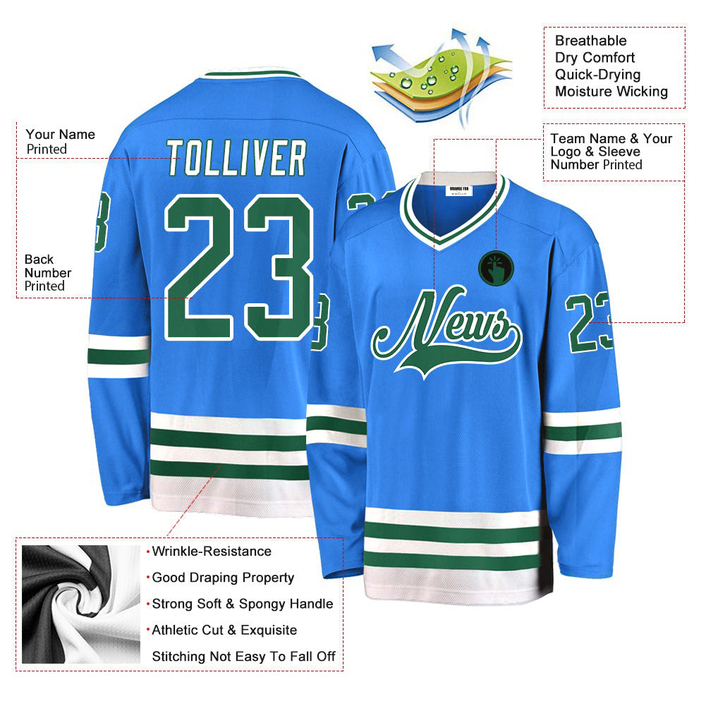 Custom Powder Blue Kelly Green-White V Neck Hockey Jersey For Men & Women