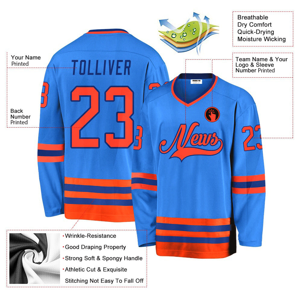 Custom Powder Blue Orange-Royal V Neck Hockey Jersey For Men & Women