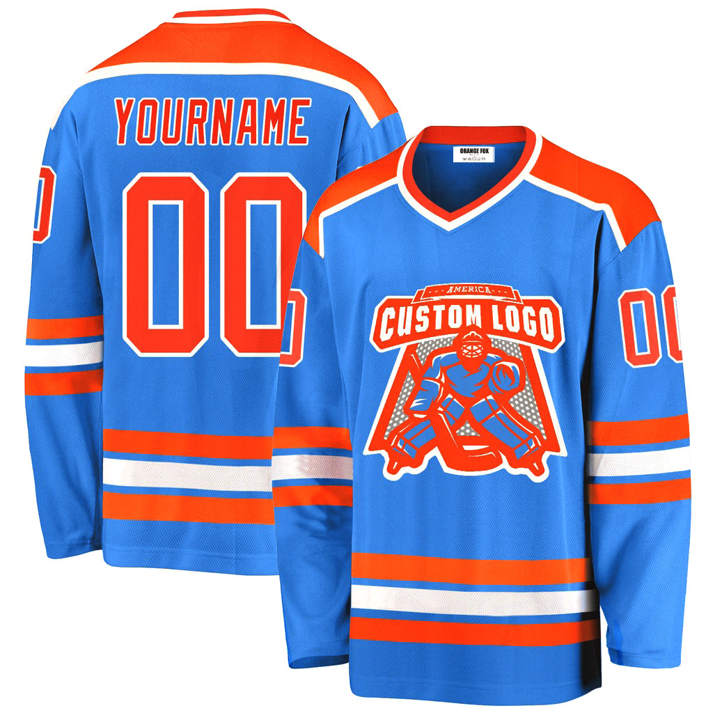 Custom Powder Blue Orange-White V Neck Hockey Jersey For Men & Women