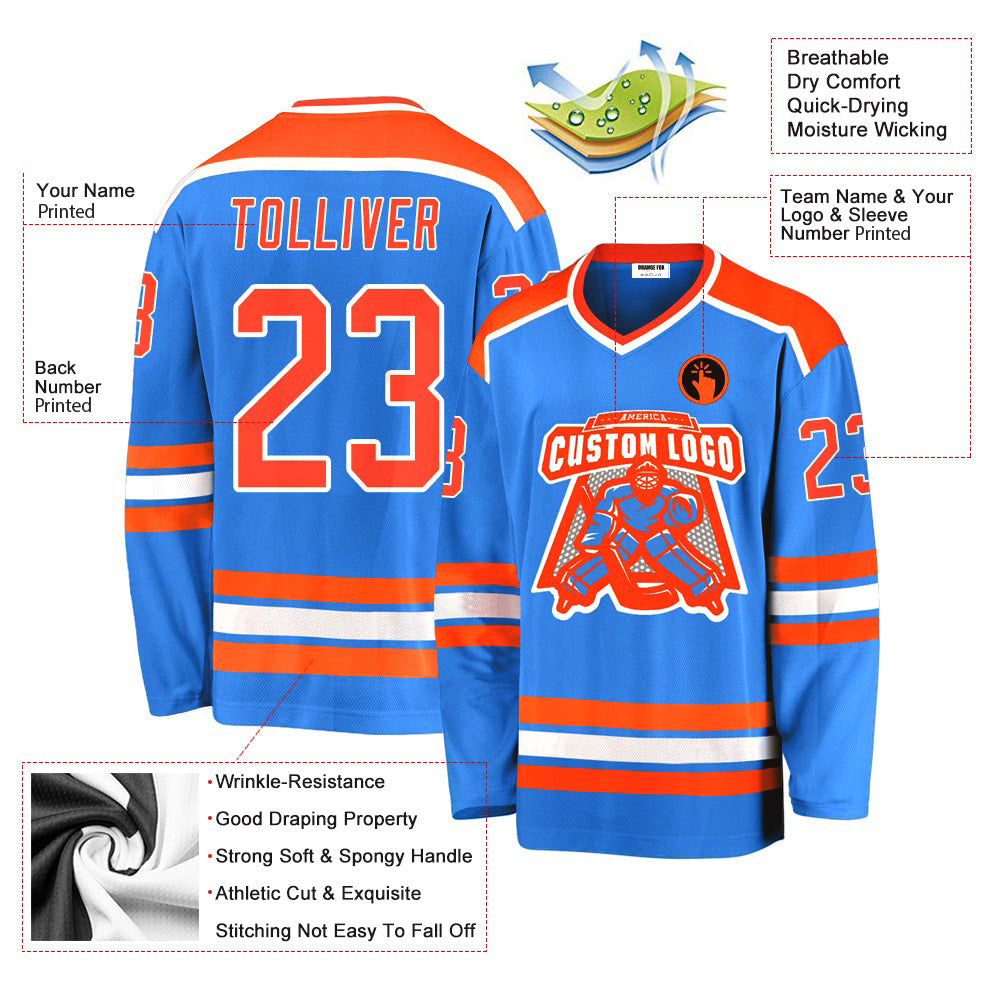 Custom Powder Blue Orange-White V Neck Hockey Jersey For Men & Women