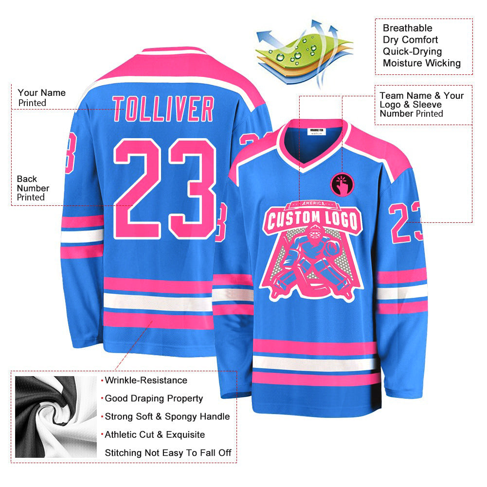 Custom Powder Blue Pink-White V Neck Hockey Jersey For Men & Women