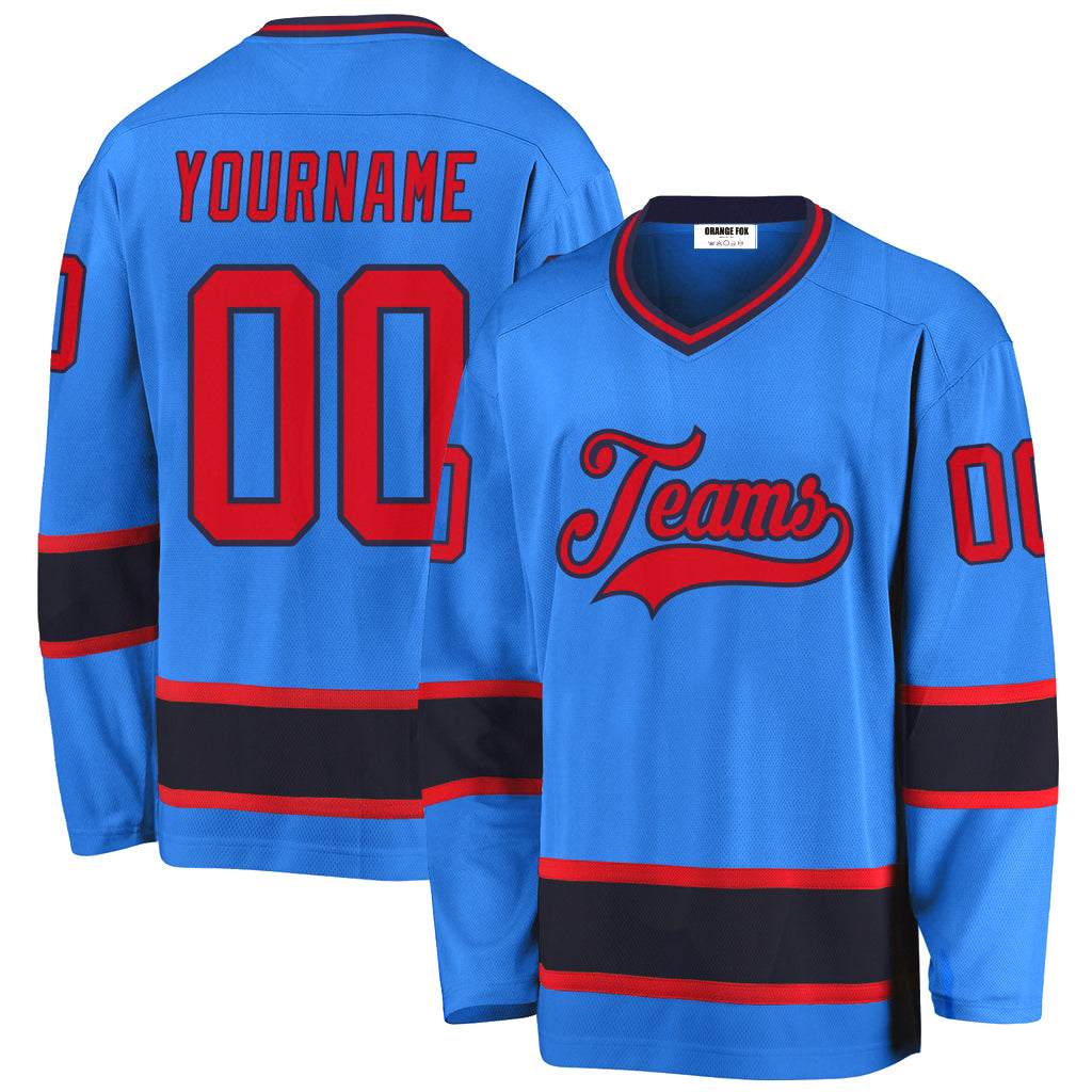 Custom Powder Blue Red-Navy V Neck Hockey Jersey For Men & Women