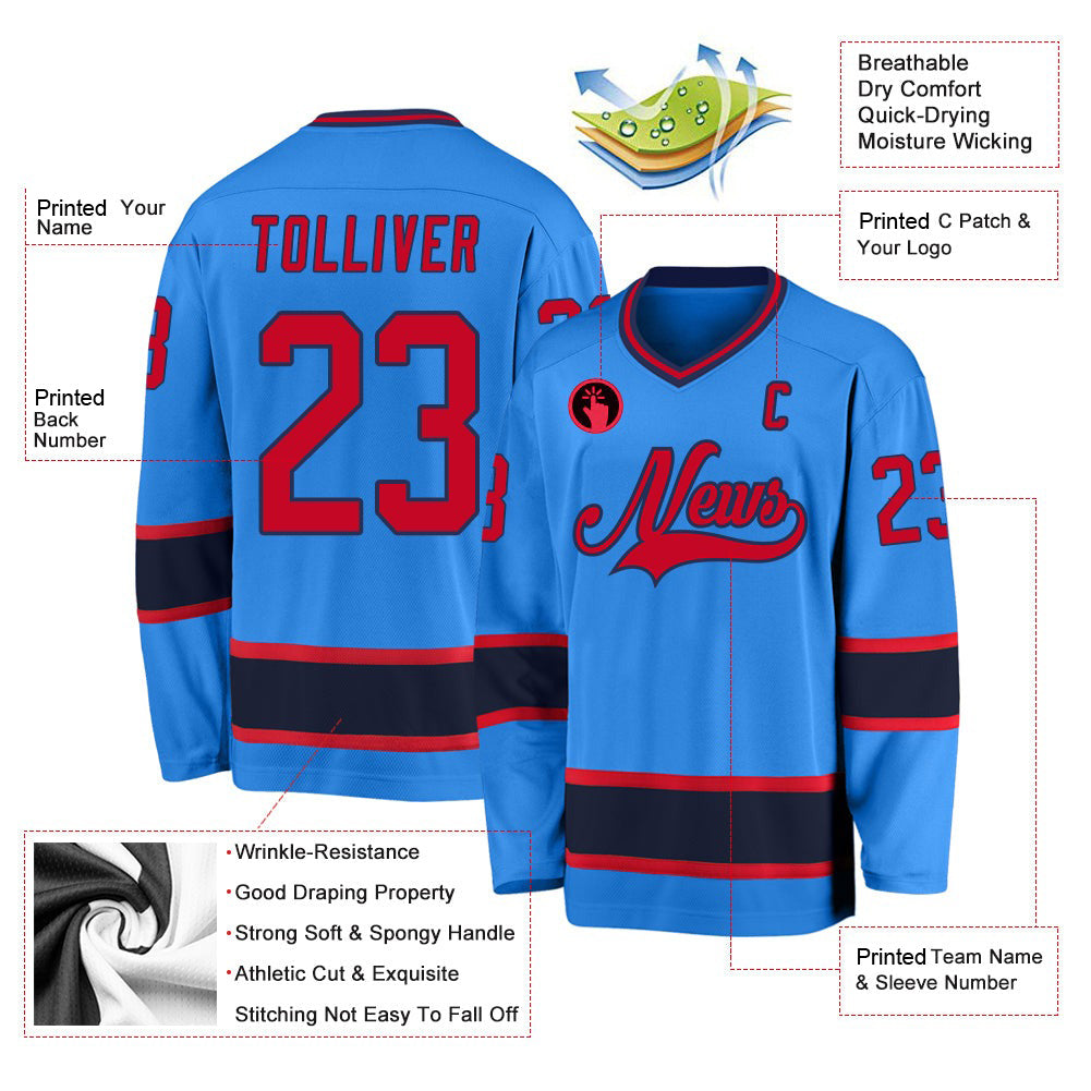 Custom Powder Blue Red-Navy V Neck Hockey Jersey For Men & Women