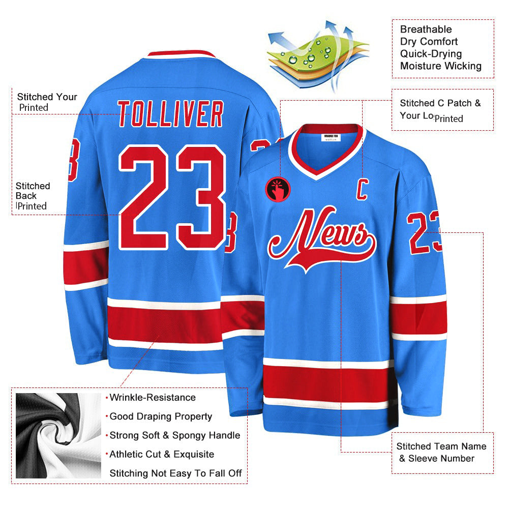 Custom Powder Blue Red-White V Neck Hockey Jersey For Men & Women