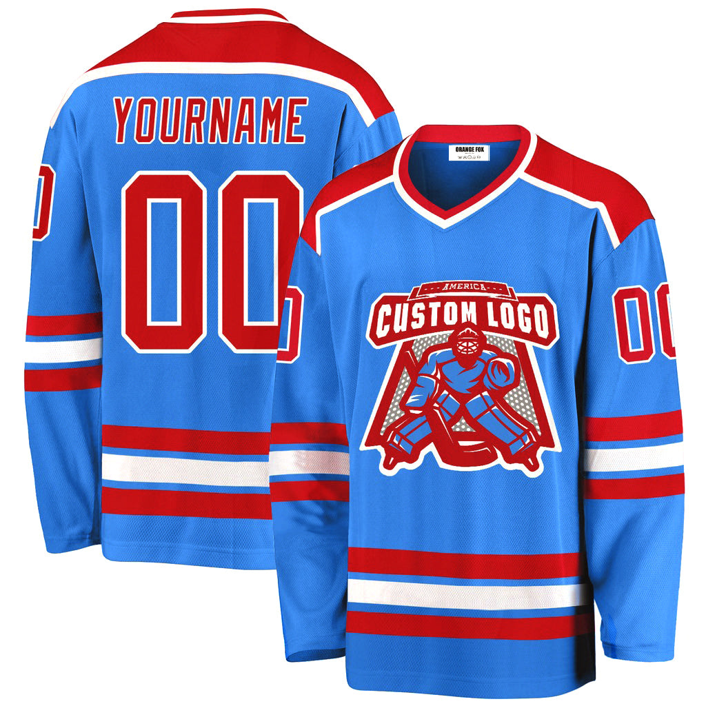 Custom Powder Blue Red-White V Neck Hockey Jersey For Men & Women