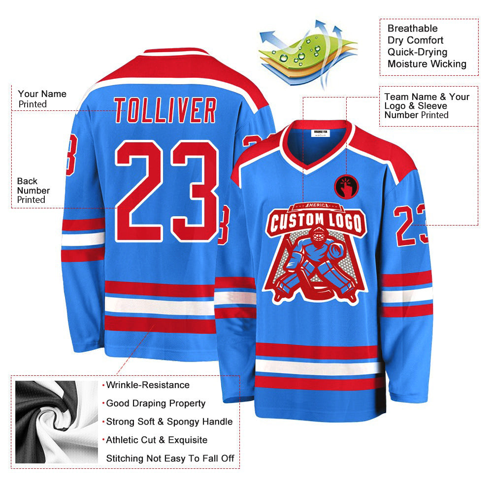 Custom Powder Blue Red-White V Neck Hockey Jersey For Men & Women