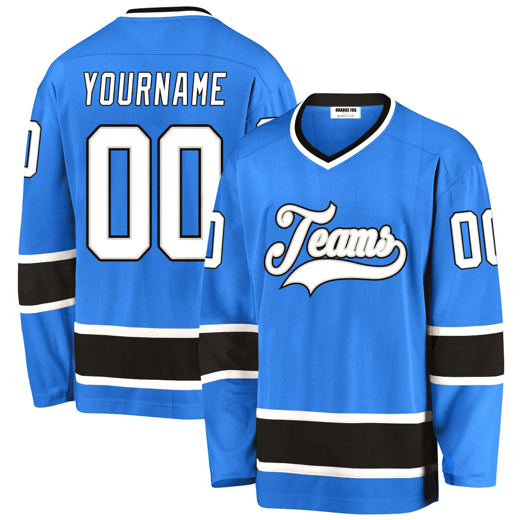 Custom Powder Blue White-Black V Neck Hockey Jersey For Men & Women