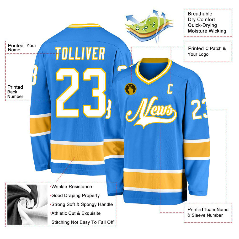 Custom Powder Blue White-Gold V Neck Hockey Jersey For Men & Women