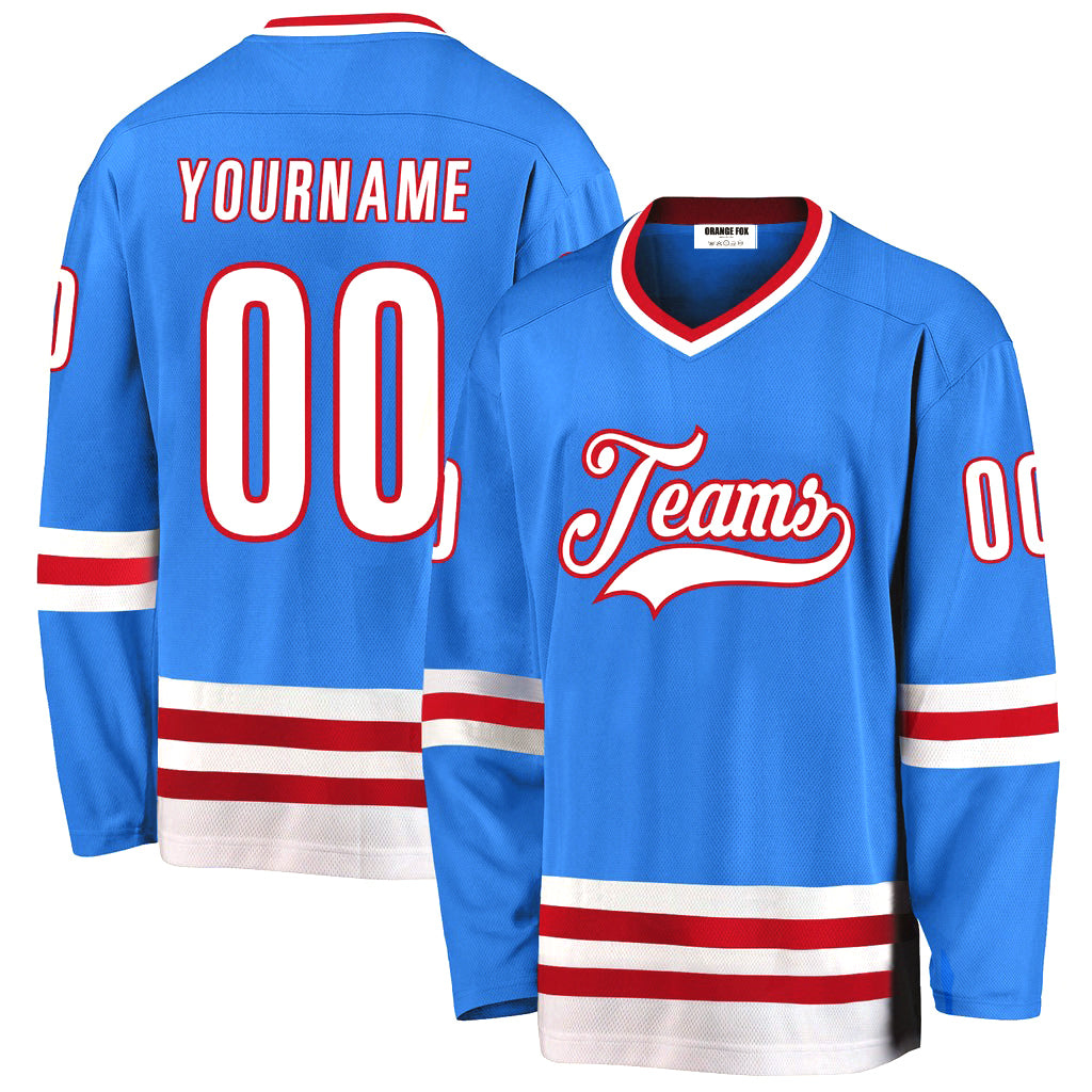 Custom Powder Blue White-Red V Neck Hockey Jersey For Men & Women