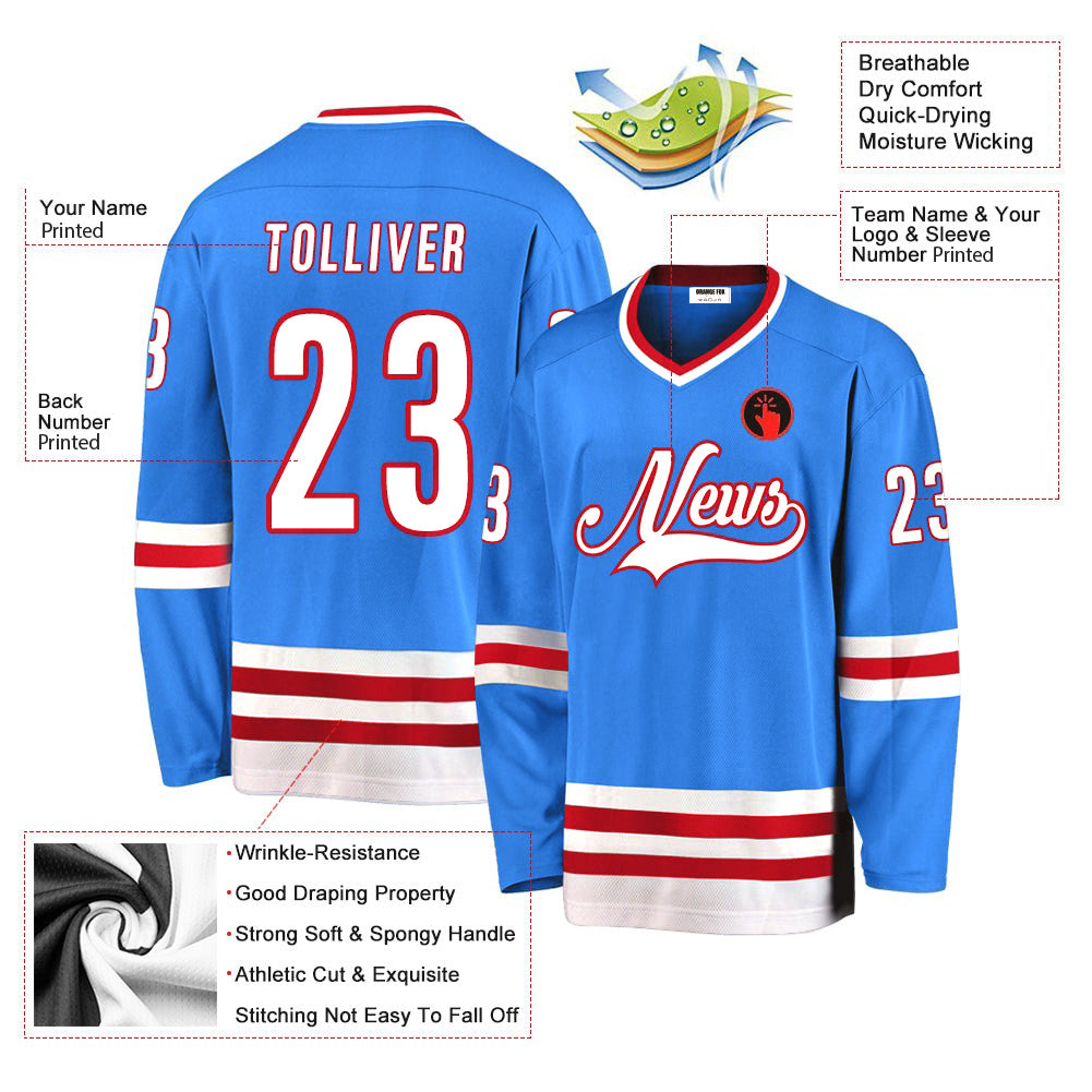 Custom Powder Blue White-Red V Neck Hockey Jersey For Men & Women