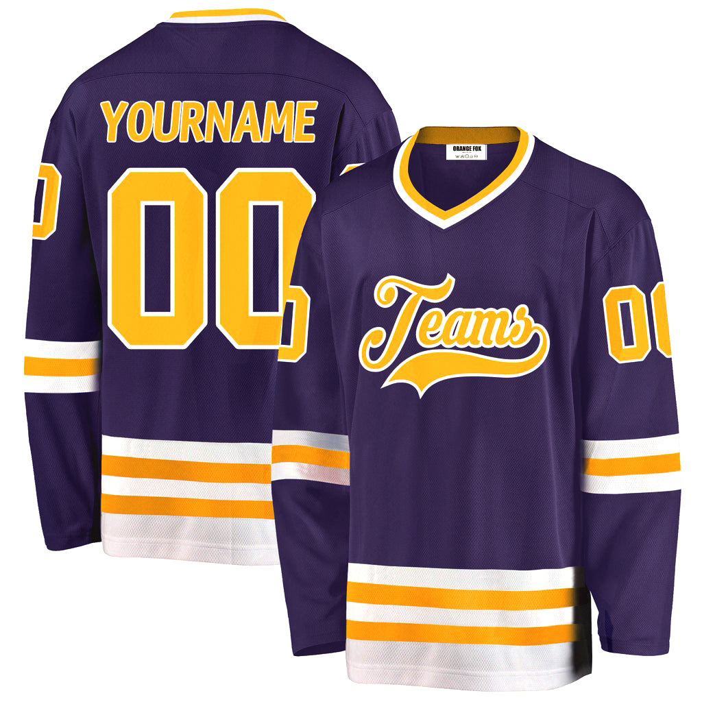 Custom Purple Gold-White V Neck Hockey Jersey For Men & Women