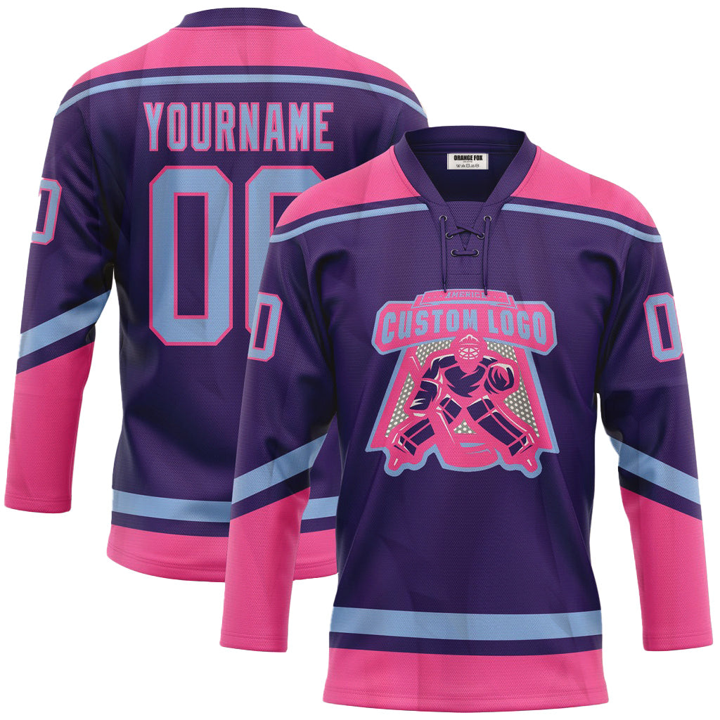 Custom Purple Light Blue-Pink Neck Hockey Jersey For Men & Women