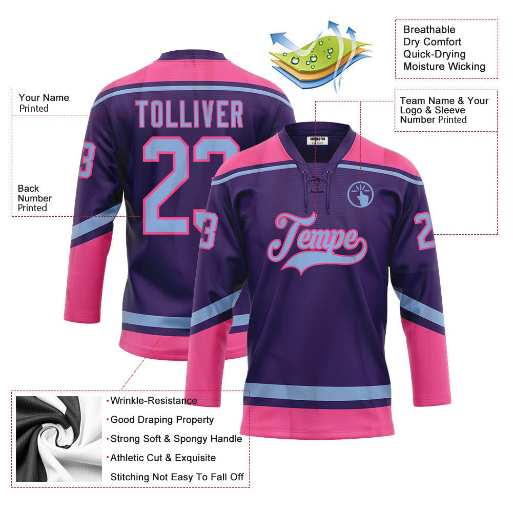 Custom Purple Light Blue-Pink Neck Hockey Jersey For Men & Women