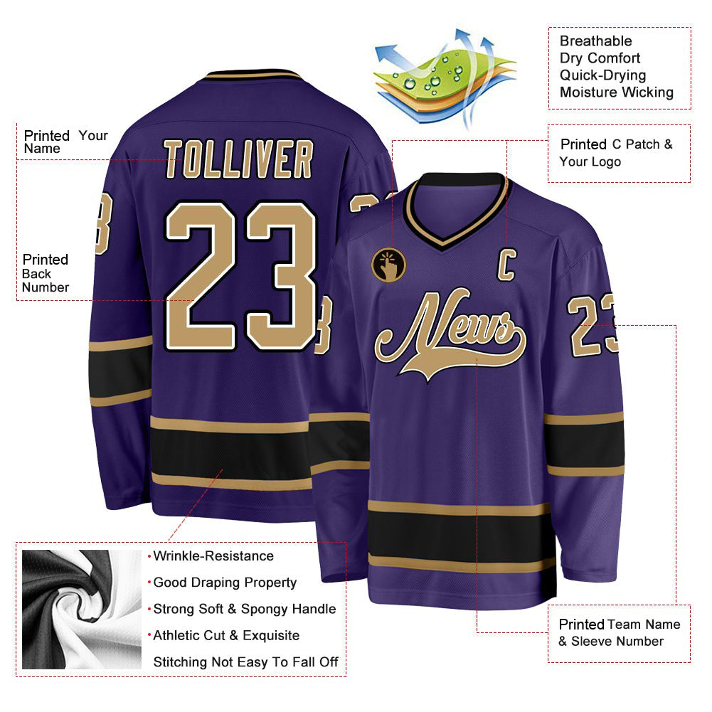 Custom Purple Old Gold-Black V Neck Hockey Jersey For Men & Women