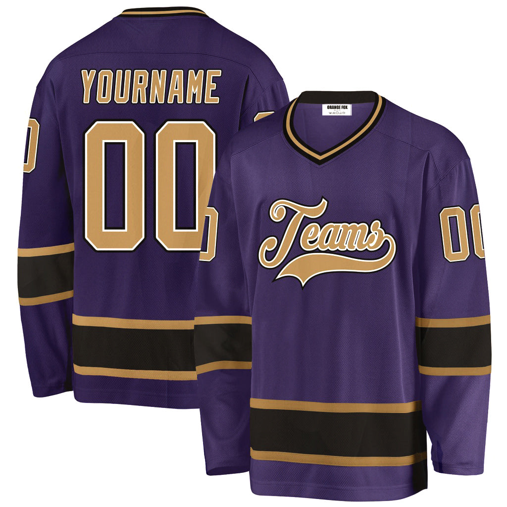 Custom Purple Old Gold-Black V Neck Hockey Jersey For Men & Women