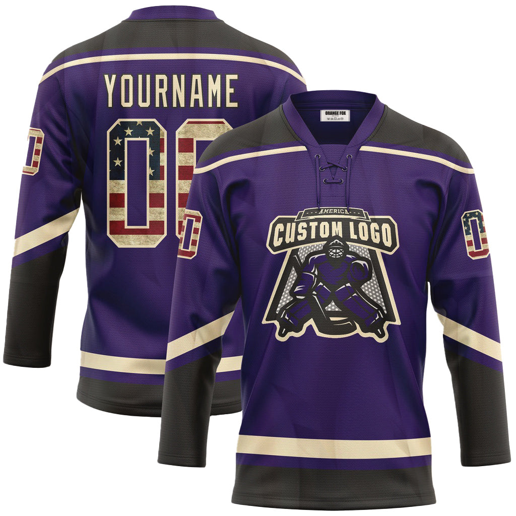 Custom Purple Vintage USA Flag Cream-Black Neck Hockey Jersey For Men & Women