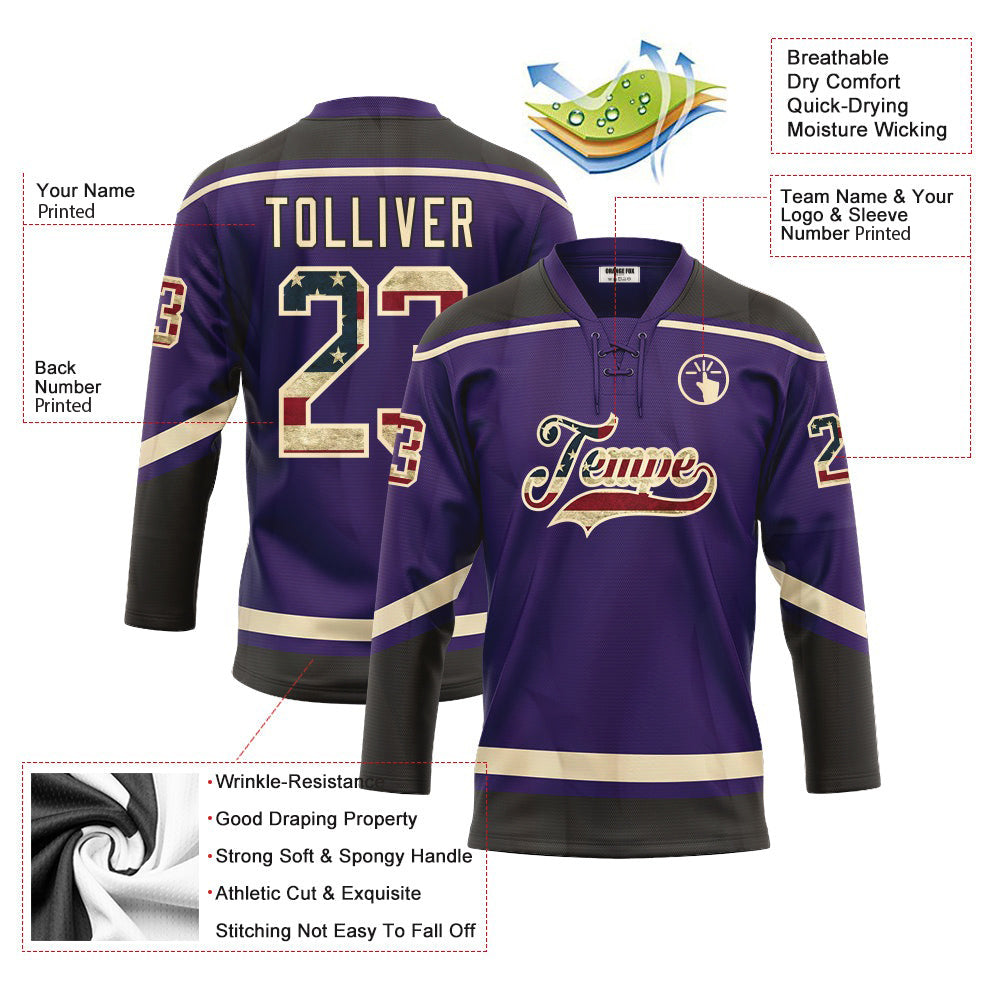 Custom Purple Vintage USA Flag Cream-Black Neck Hockey Jersey For Men & Women