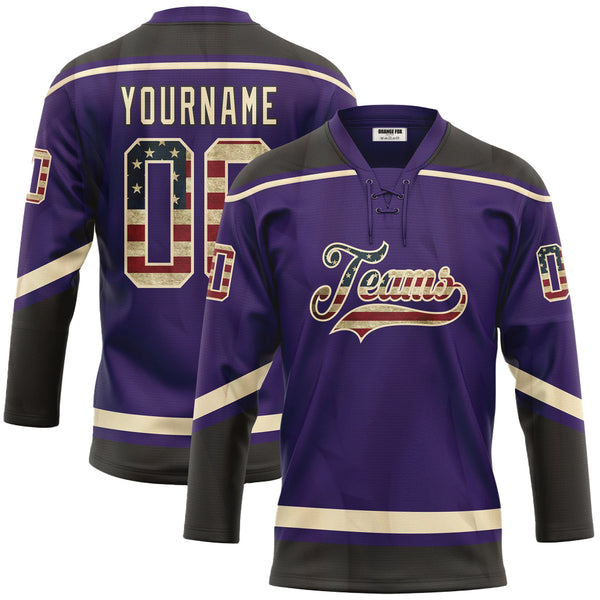 Custom Purple Vintage USA Flag Cream-Black Neck Hockey Jersey For Men & Women