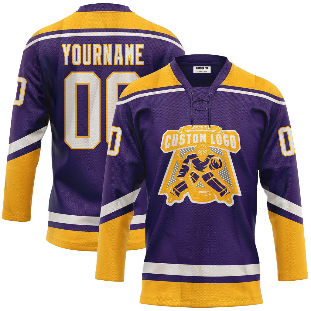 Custom Purple White-Gold Neck Hockey Jersey For Men & Women