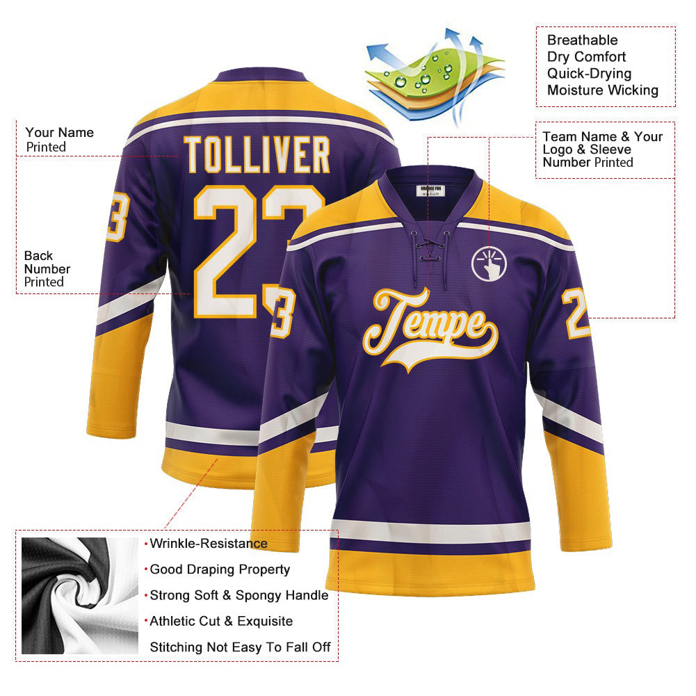 Custom Purple White-Gold Neck Hockey Jersey For Men & Women