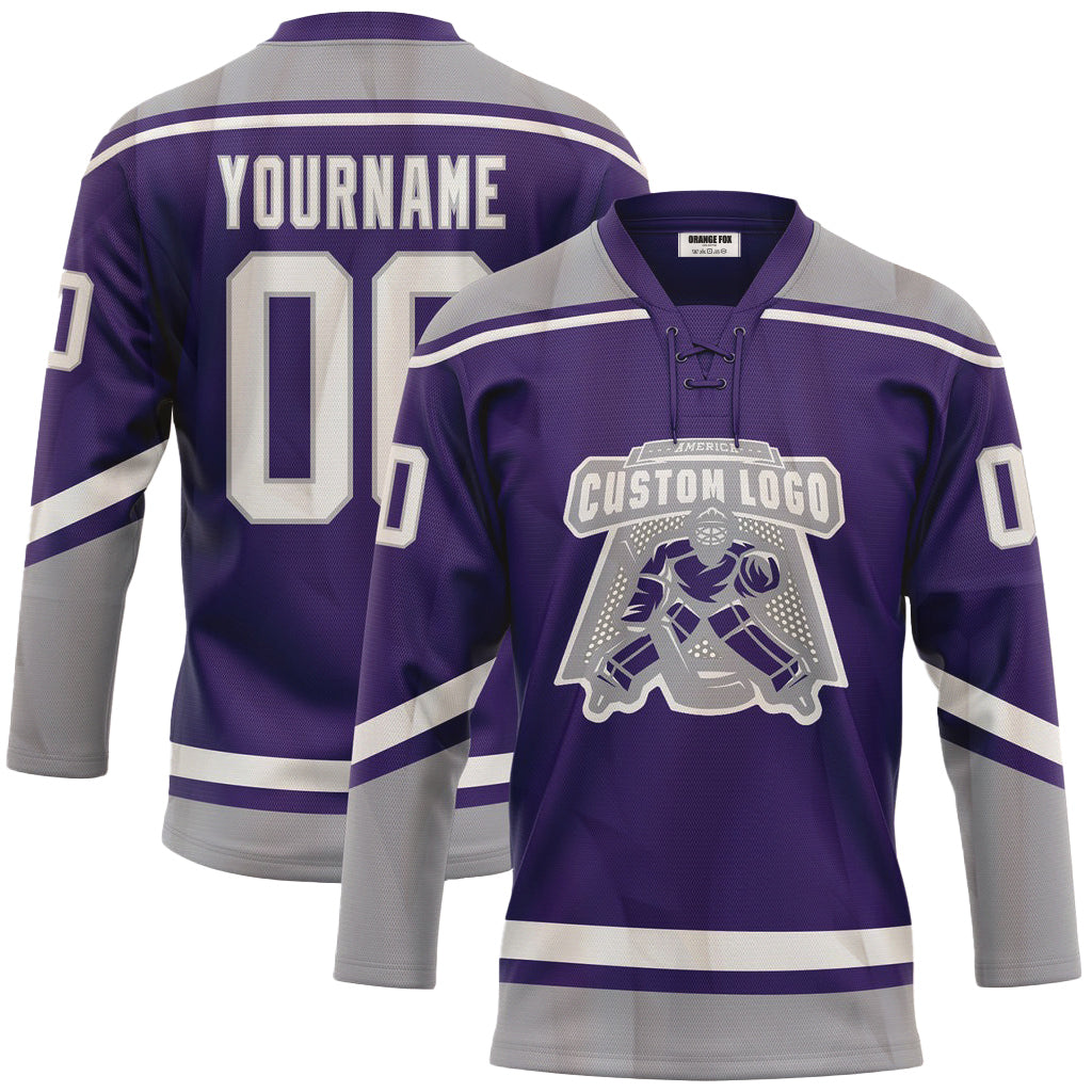 Custom Purple White-Gray Neck Hockey Jersey For Men & Women