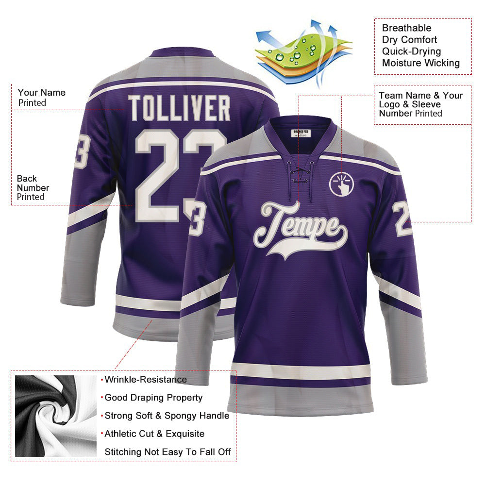 Custom Purple White-Gray Neck Hockey Jersey For Men & Women