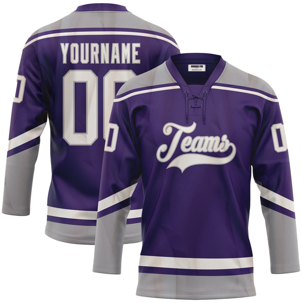 Custom Purple White-Gray Neck Hockey Jersey For Men & Women