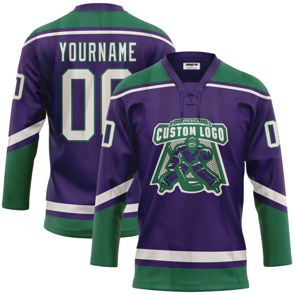 Custom Purple White-Kelly Green Neck Hockey Jersey For Men & Women