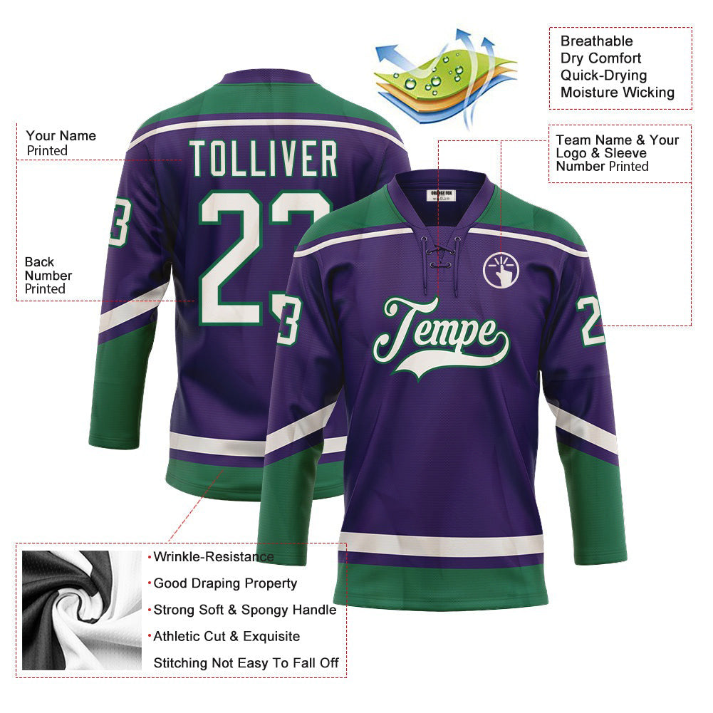 Custom Purple White-Kelly Green Neck Hockey Jersey For Men & Women