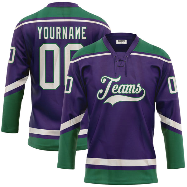 Custom Purple White-Kelly Green Neck Hockey Jersey For Men & Women