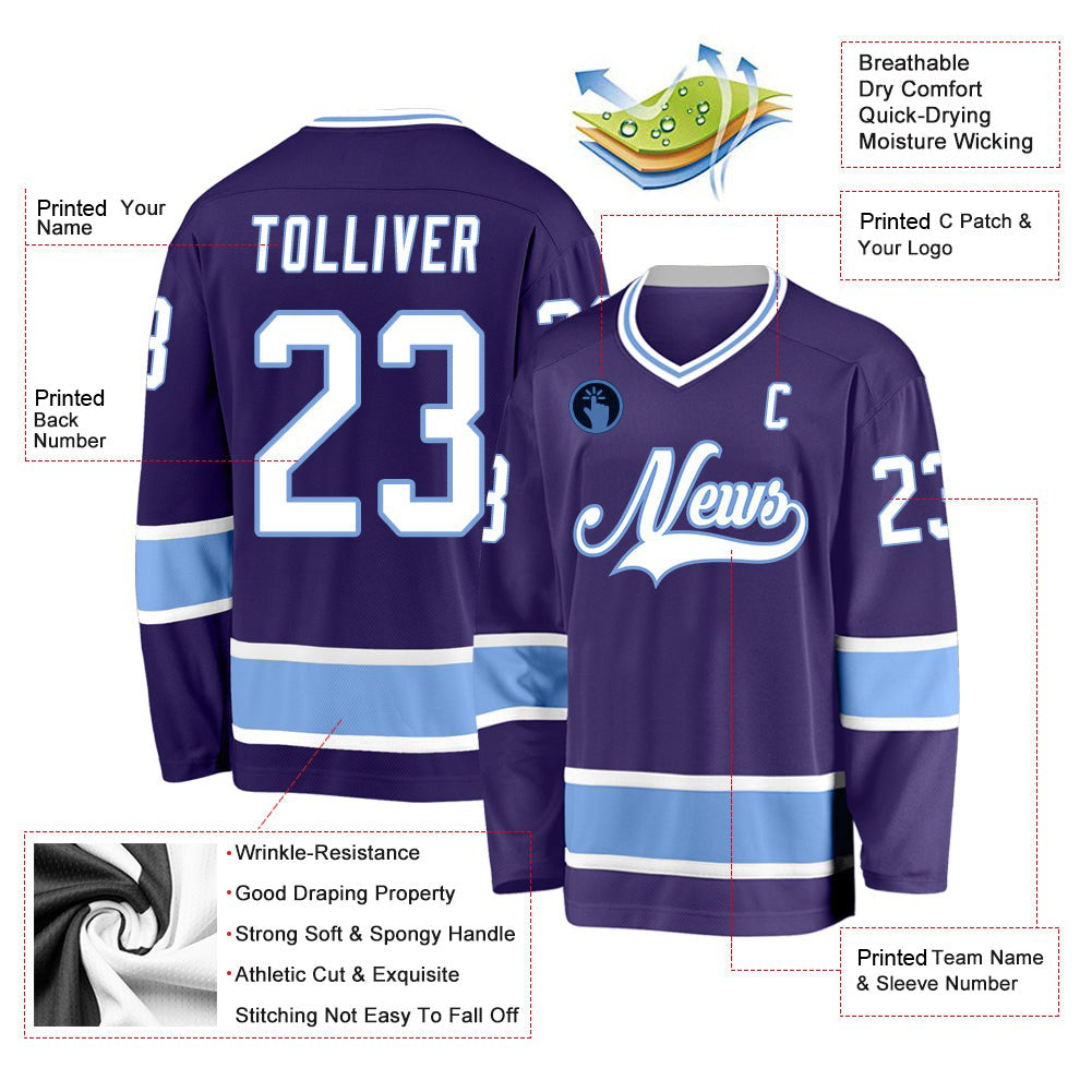 Custom Purple White-Light Blue V Neck Hockey Jersey For Men & Women