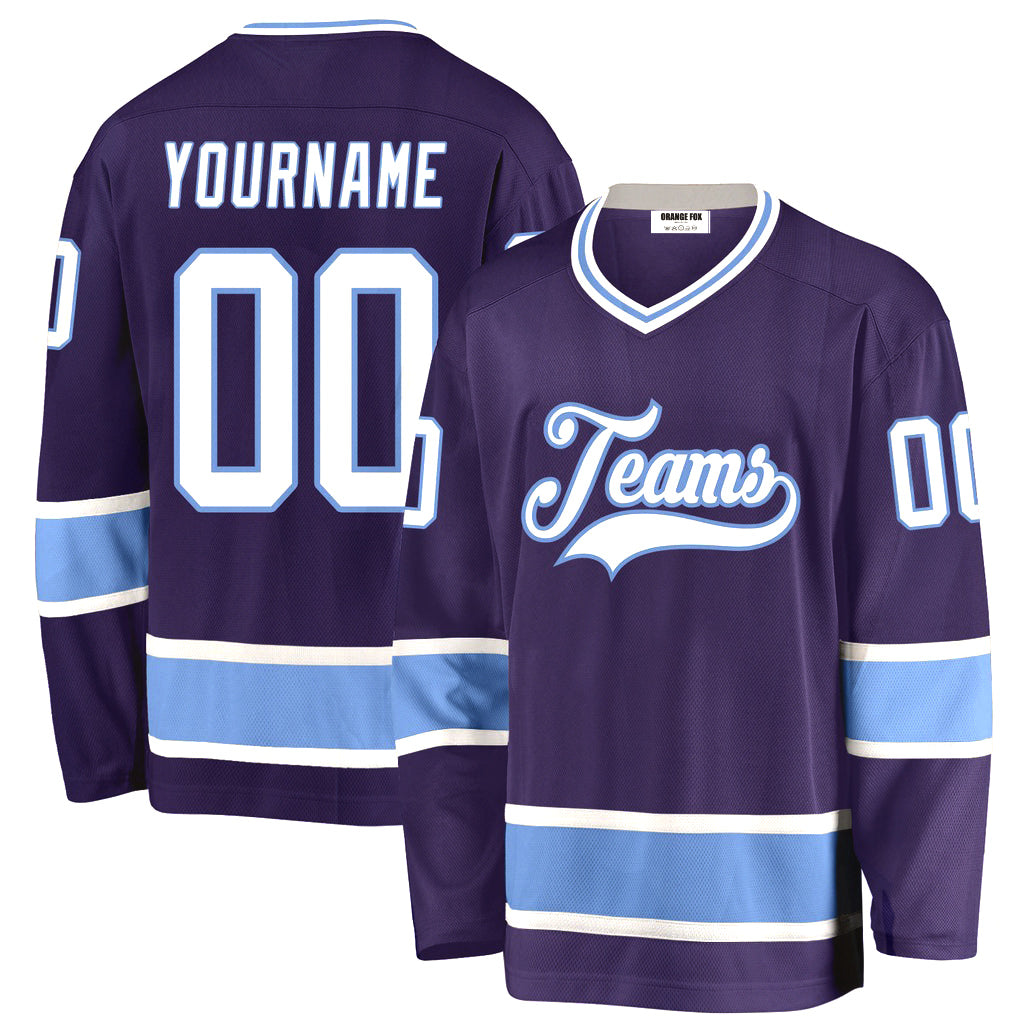 Custom Purple White-Light Blue V Neck Hockey Jersey For Men & Women