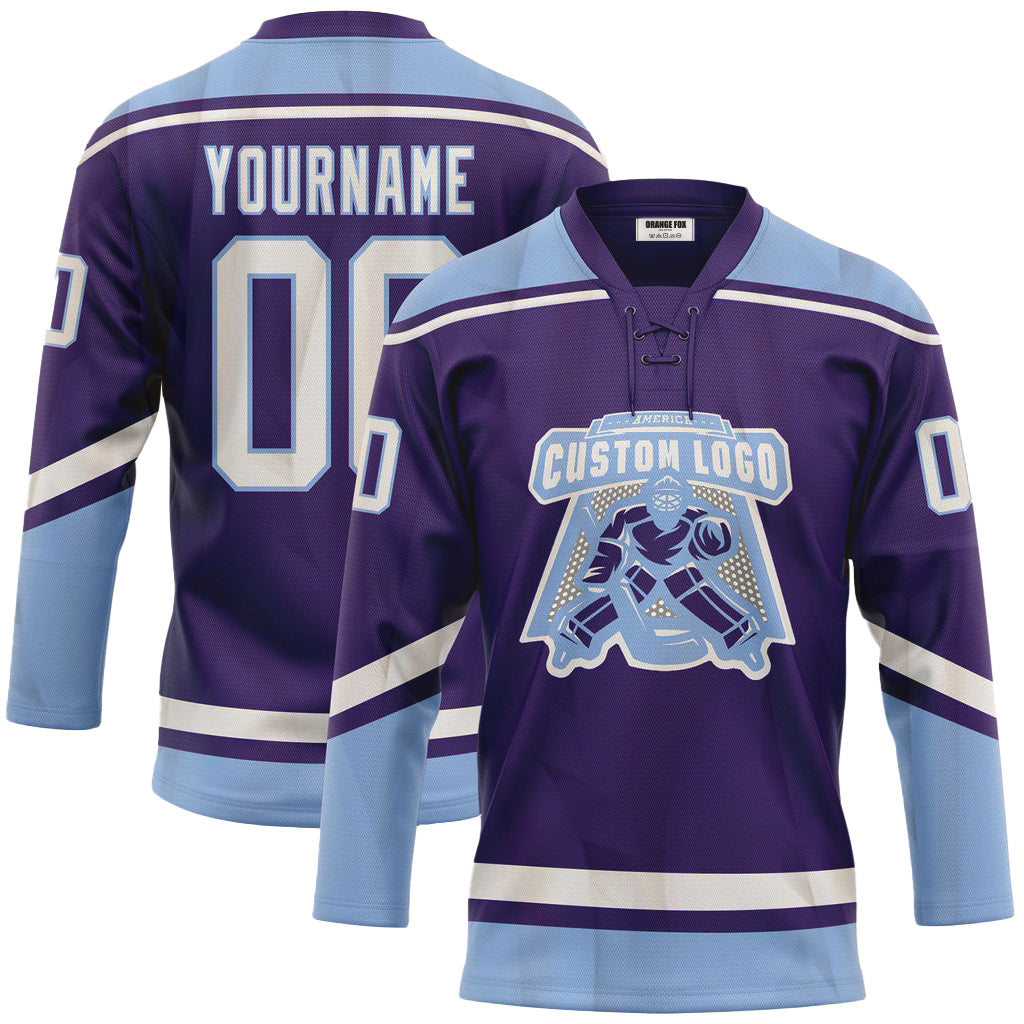 Custom Purple White-Light Blue Neck Hockey Jersey For Men & Women