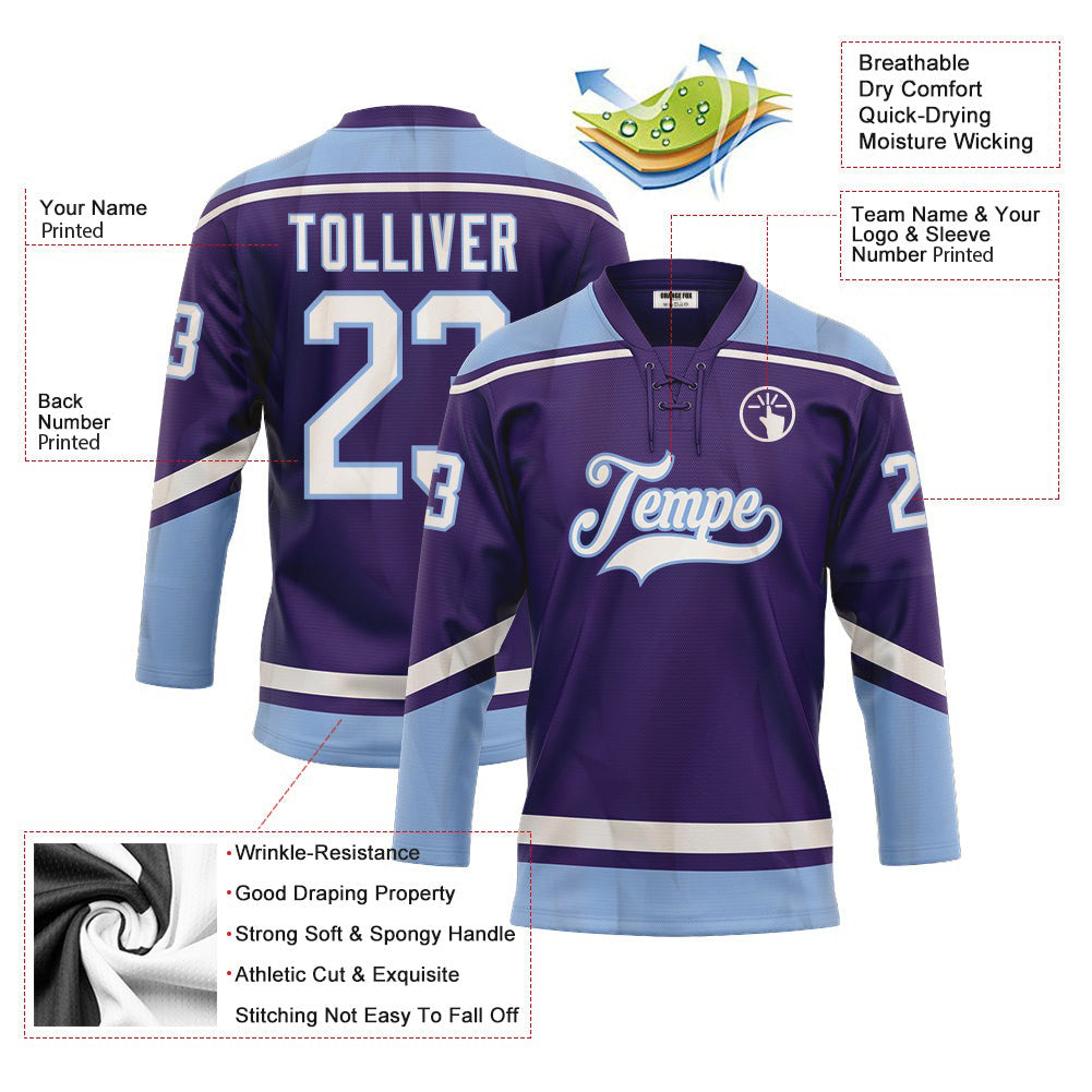 Custom Purple White-Light Blue Neck Hockey Jersey For Men & Women