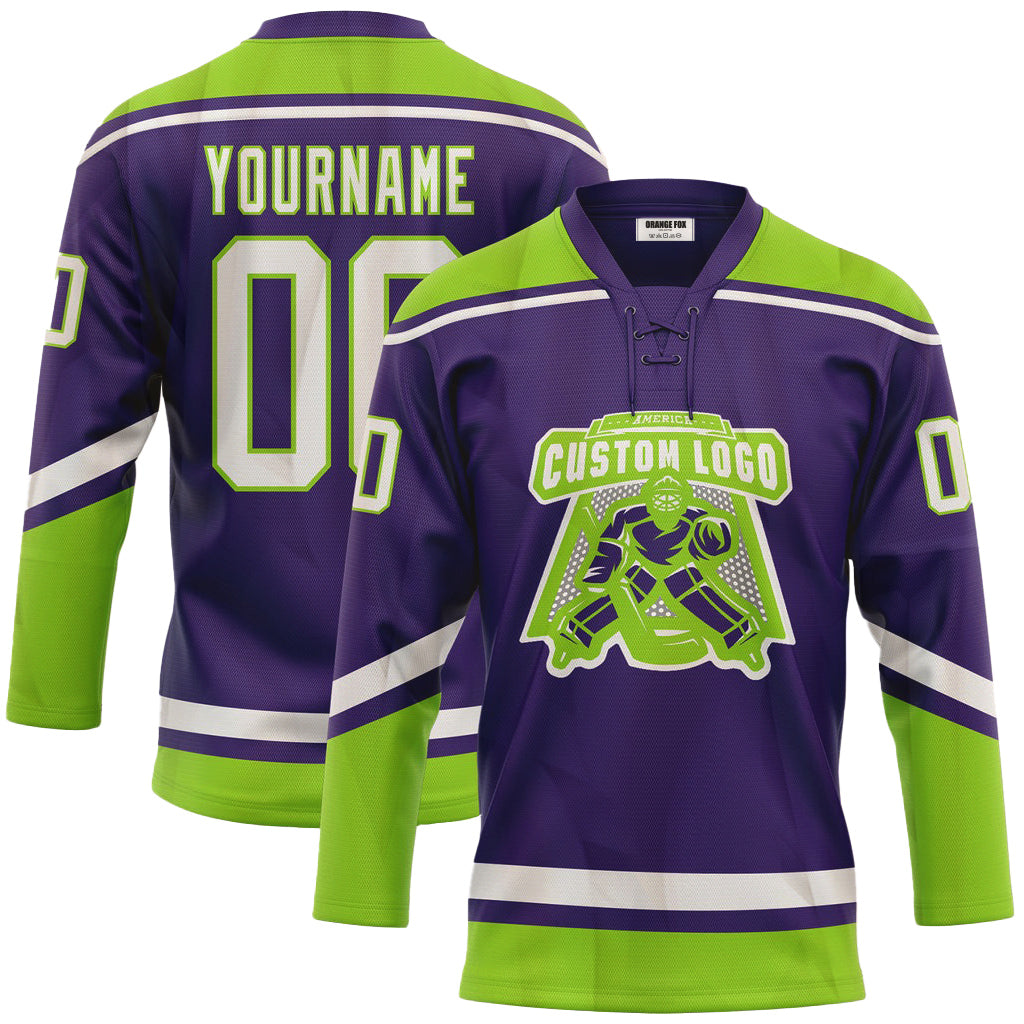 Custom Purple White-Neon Green Neck Hockey Jersey For Men & Women