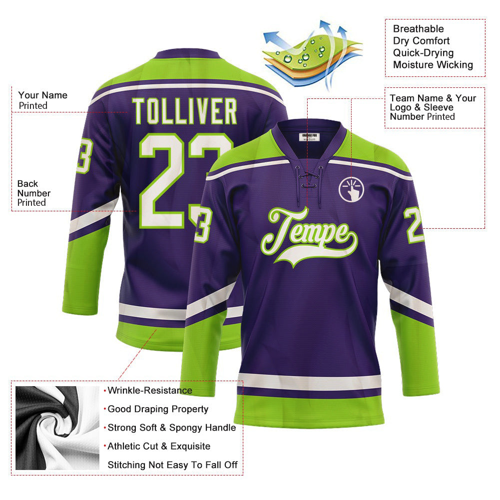 Custom Purple White-Neon Green Neck Hockey Jersey For Men & Women