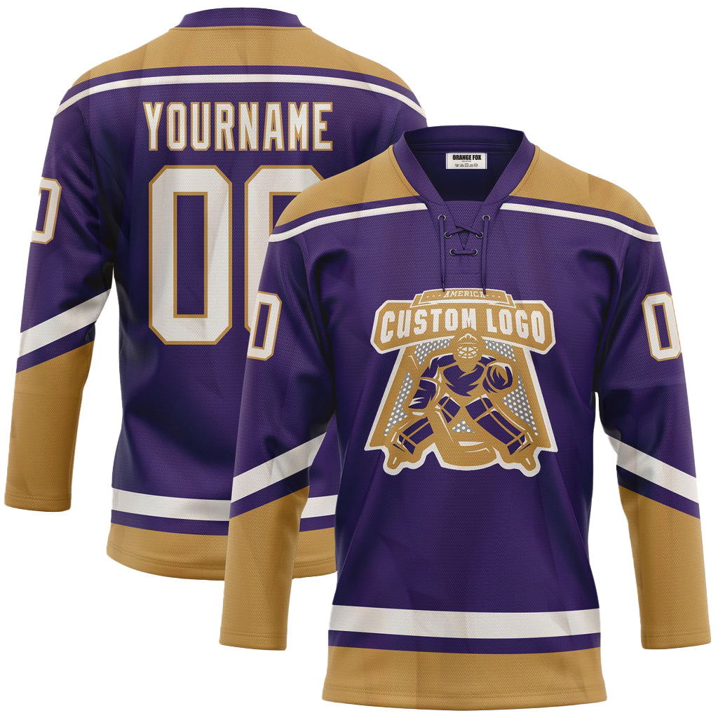 Custom Purple White-Old Gold Neck Hockey Jersey For Men & Women