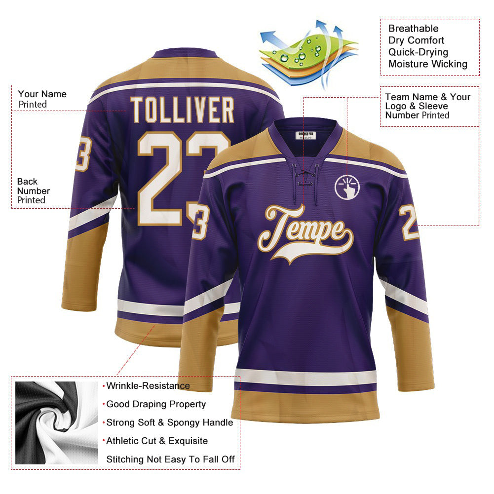 Custom Purple White-Old Gold Neck Hockey Jersey For Men & Women