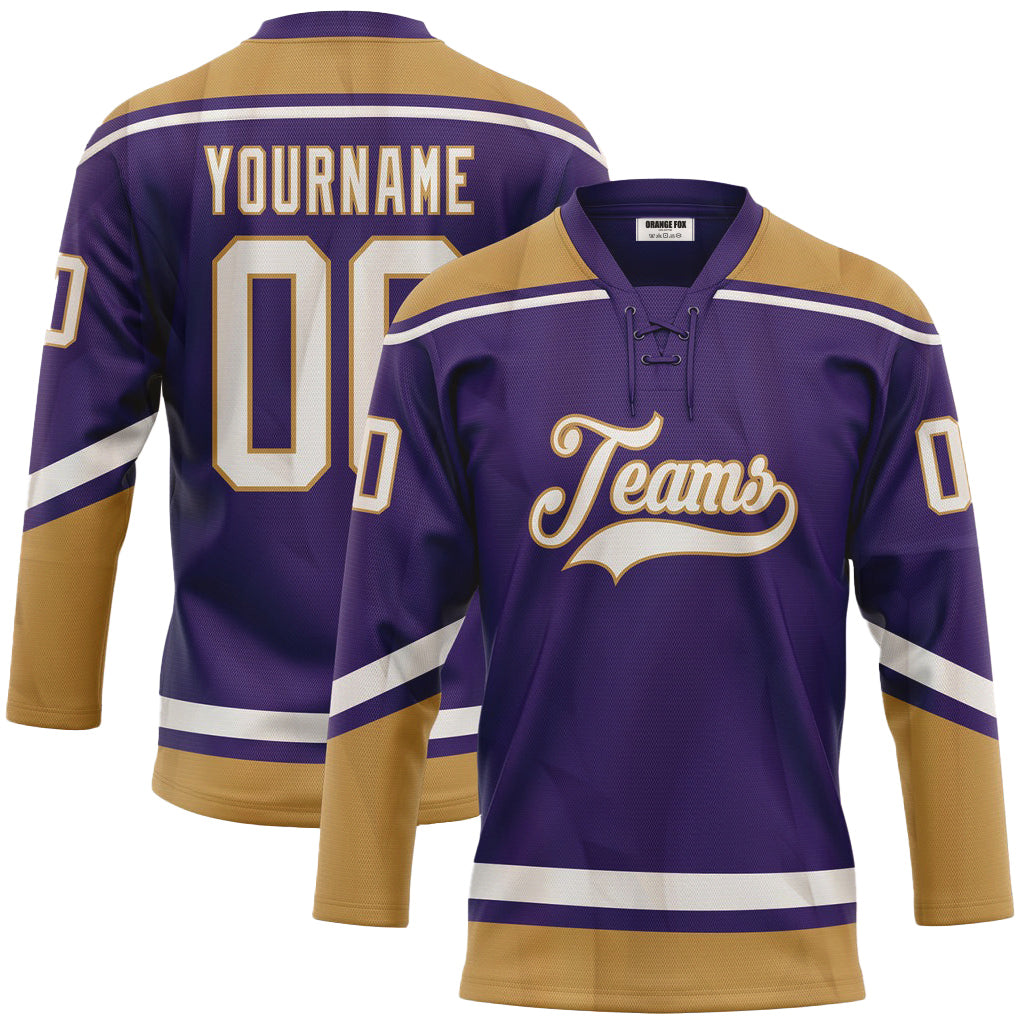 Custom Purple White-Old Gold Neck Hockey Jersey For Men & Women