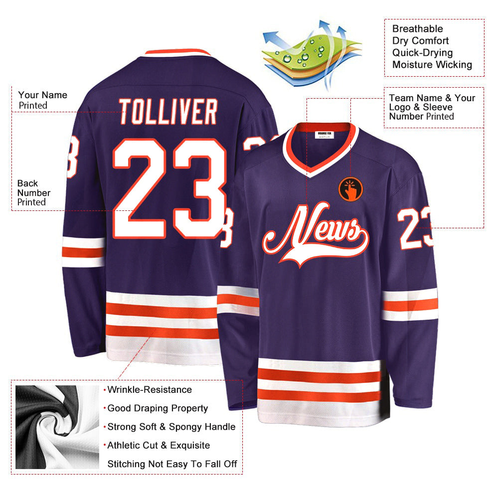 Custom Purple White-Orange V Neck Hockey Jersey For Men & Women