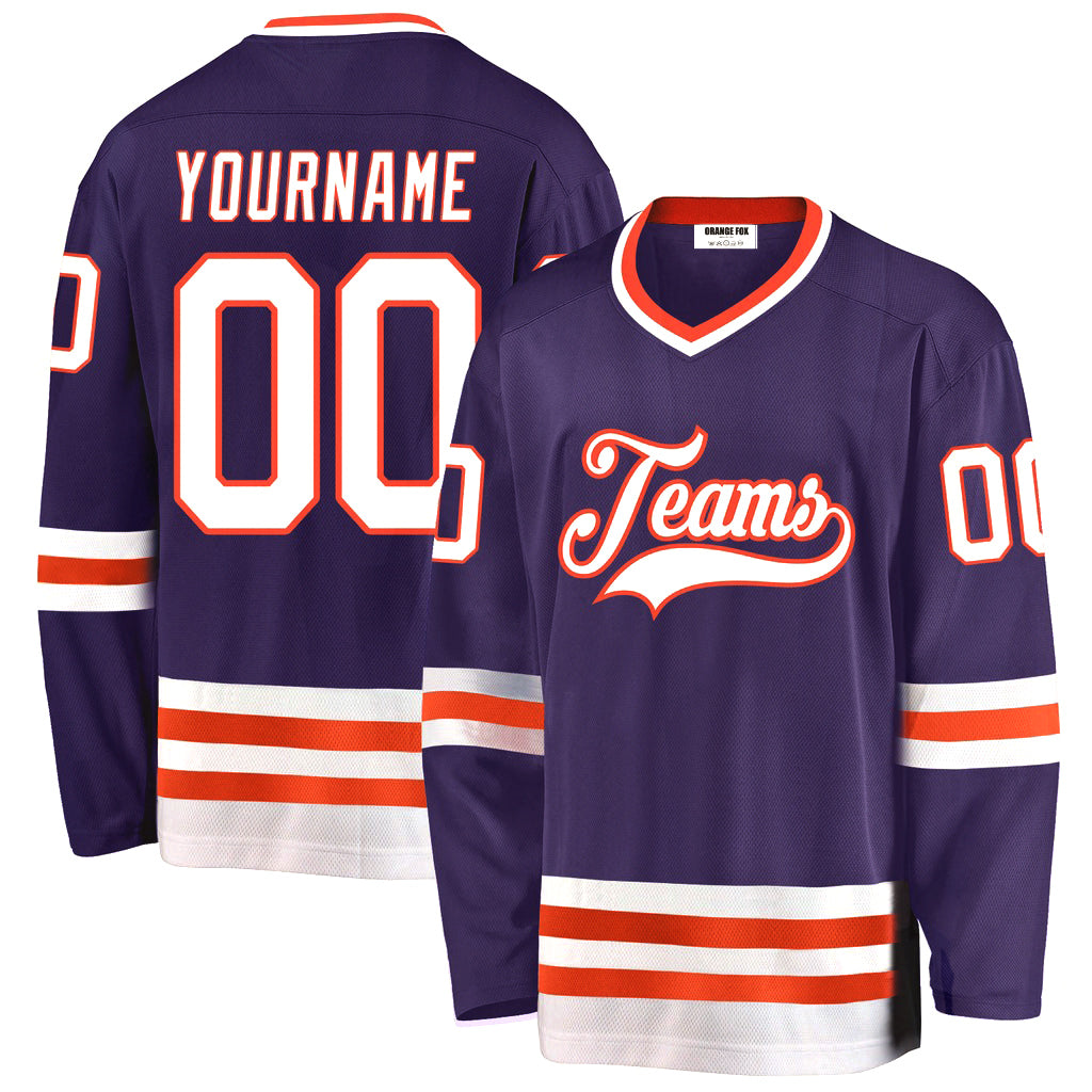 Custom Purple White-Orange V Neck Hockey Jersey For Men & Women