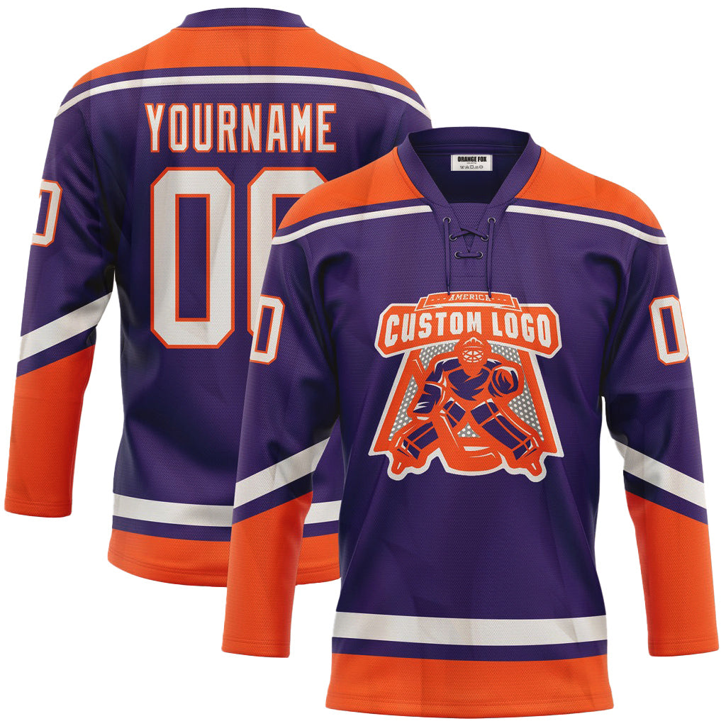 Custom Purple White-Orange Neck Hockey Jersey For Men & Women